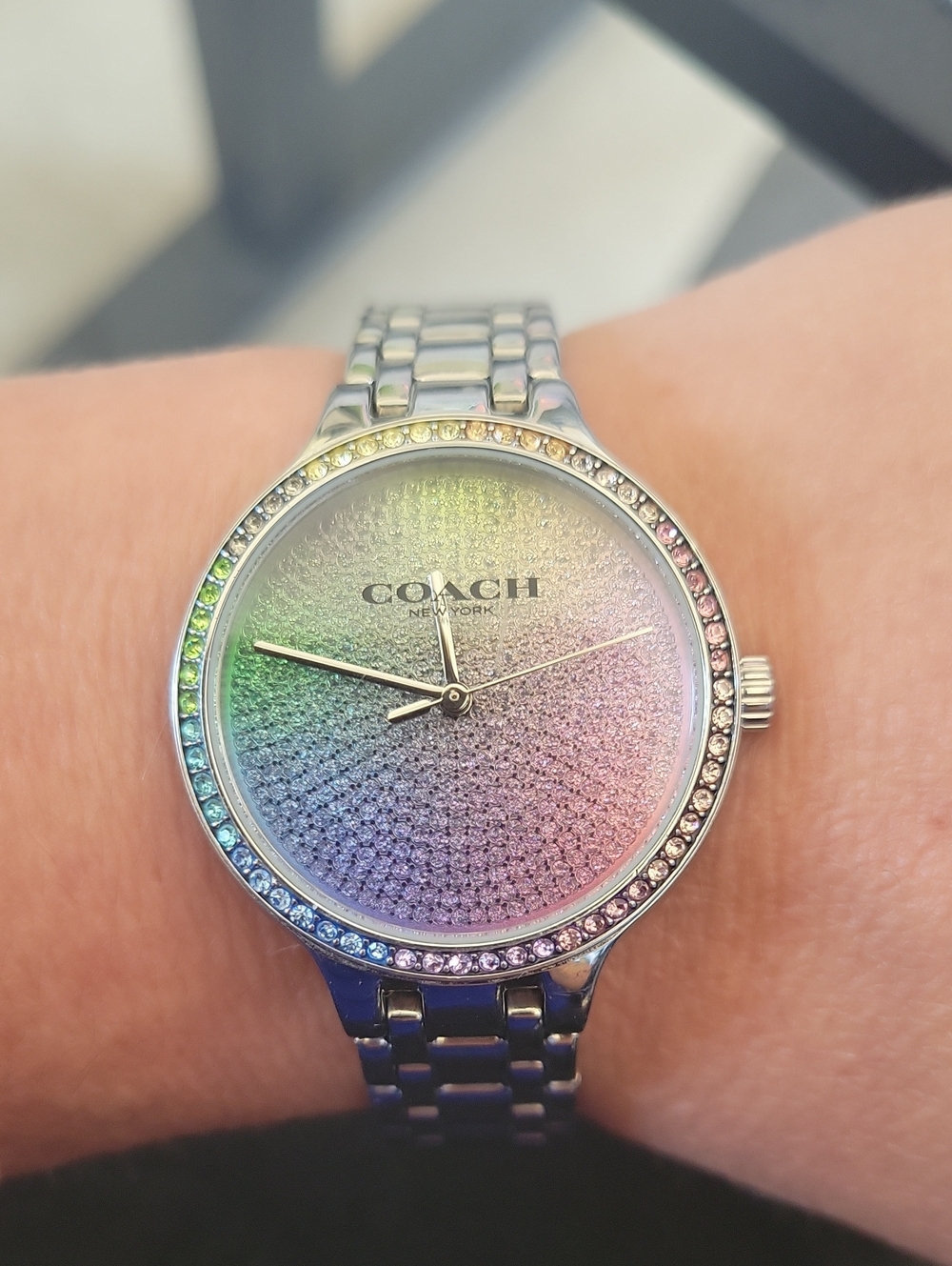 Coach Women's Rainbow Crystal Dial Stainless Steel Bracelet Watch - Silver